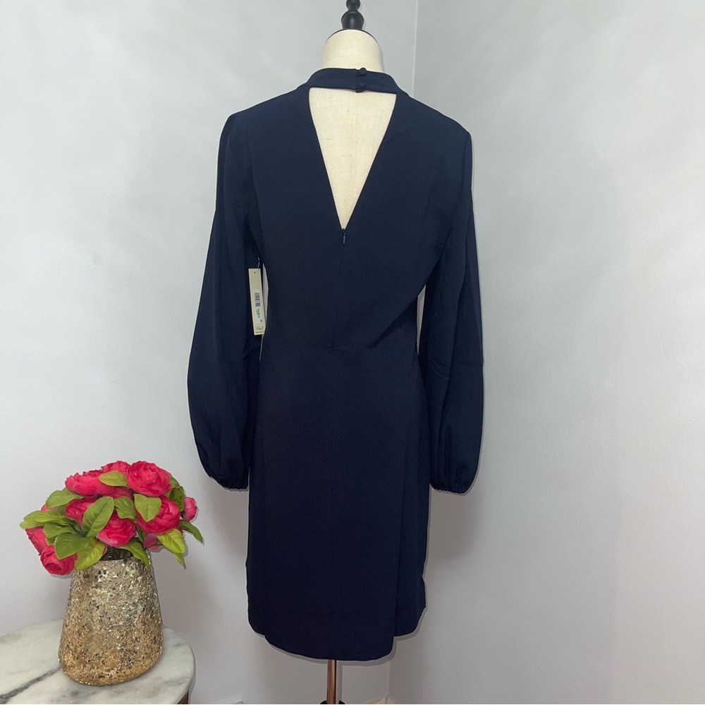 Eliza J Navy Mock Neck Balloon Sleeve Crepe Shift Dress- New With Tag- Reemoly